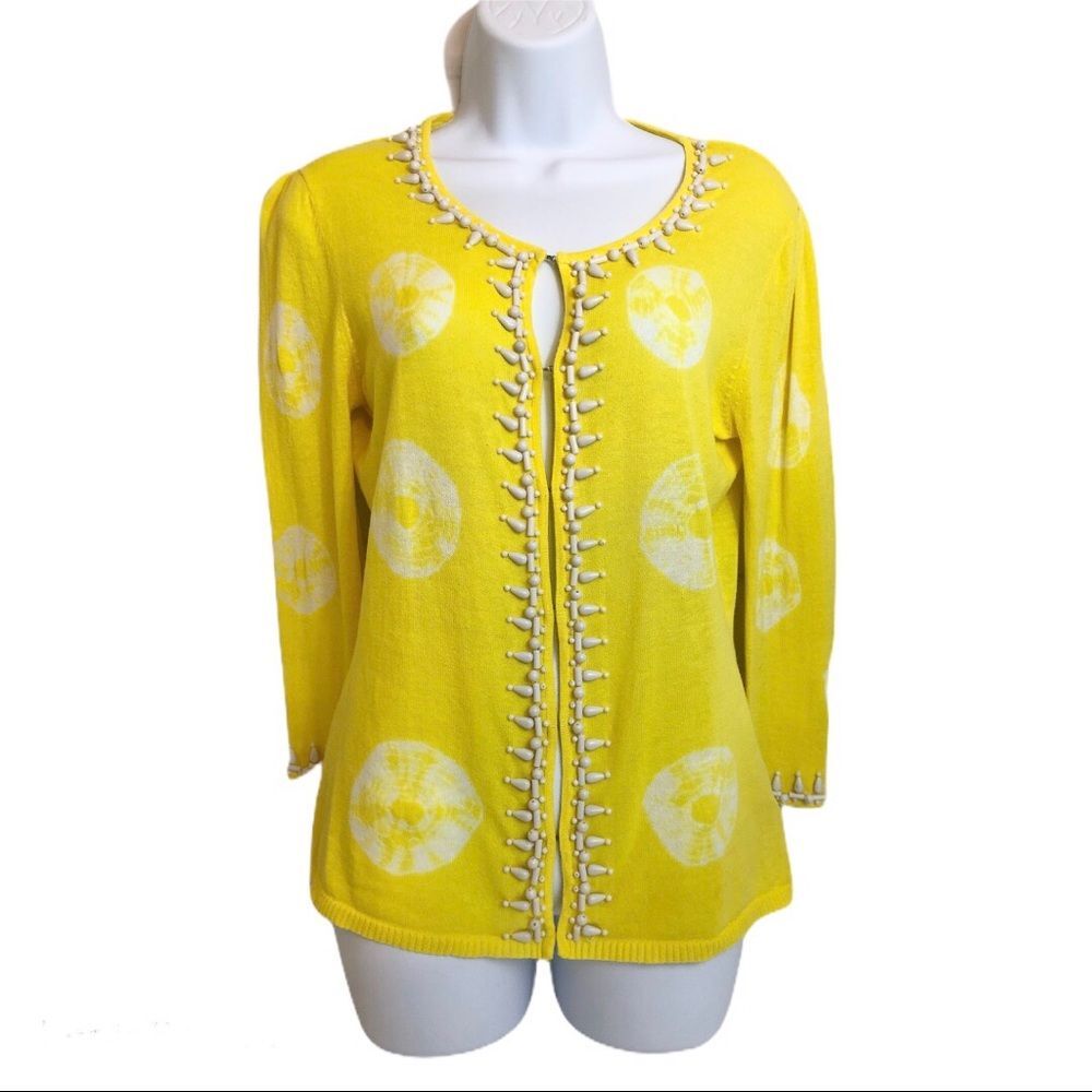 Caprice Yellow Sweater hook and eye front teardrop beading preppy coastal beachy